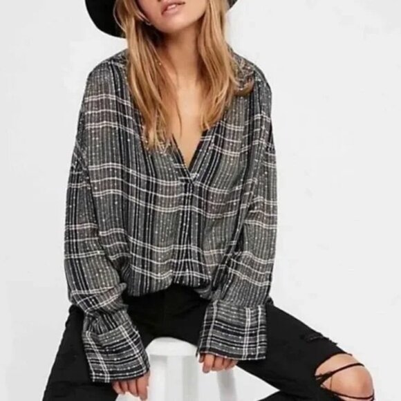 Free People Fearless Love Black Plaid Oversized Tunic Top - Picture 1 of 7
